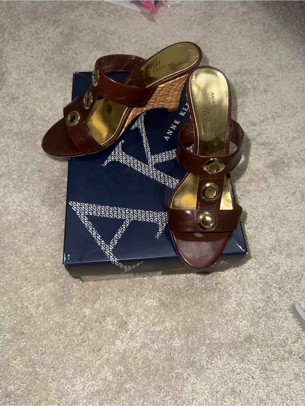 Anne Klein Brown Leather Wedge Mules with Gold Accents